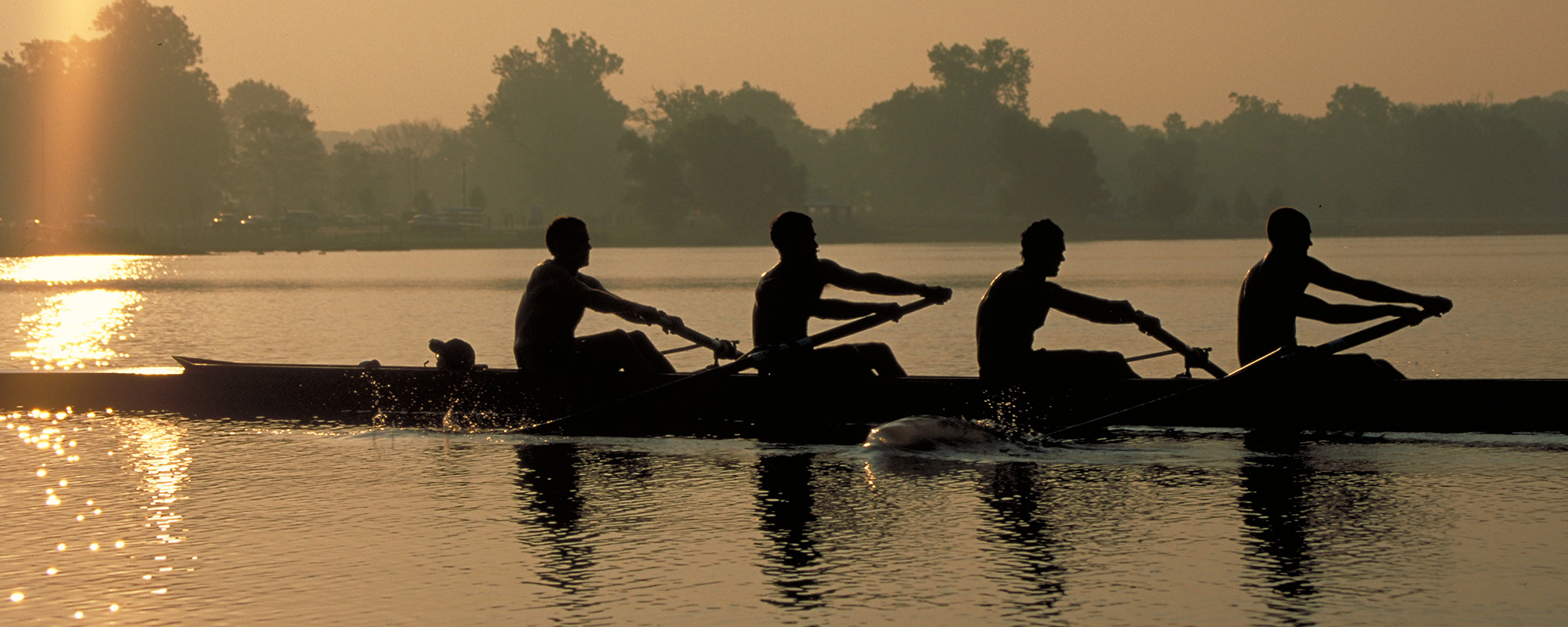 Four adults rowing on a lake at sunset